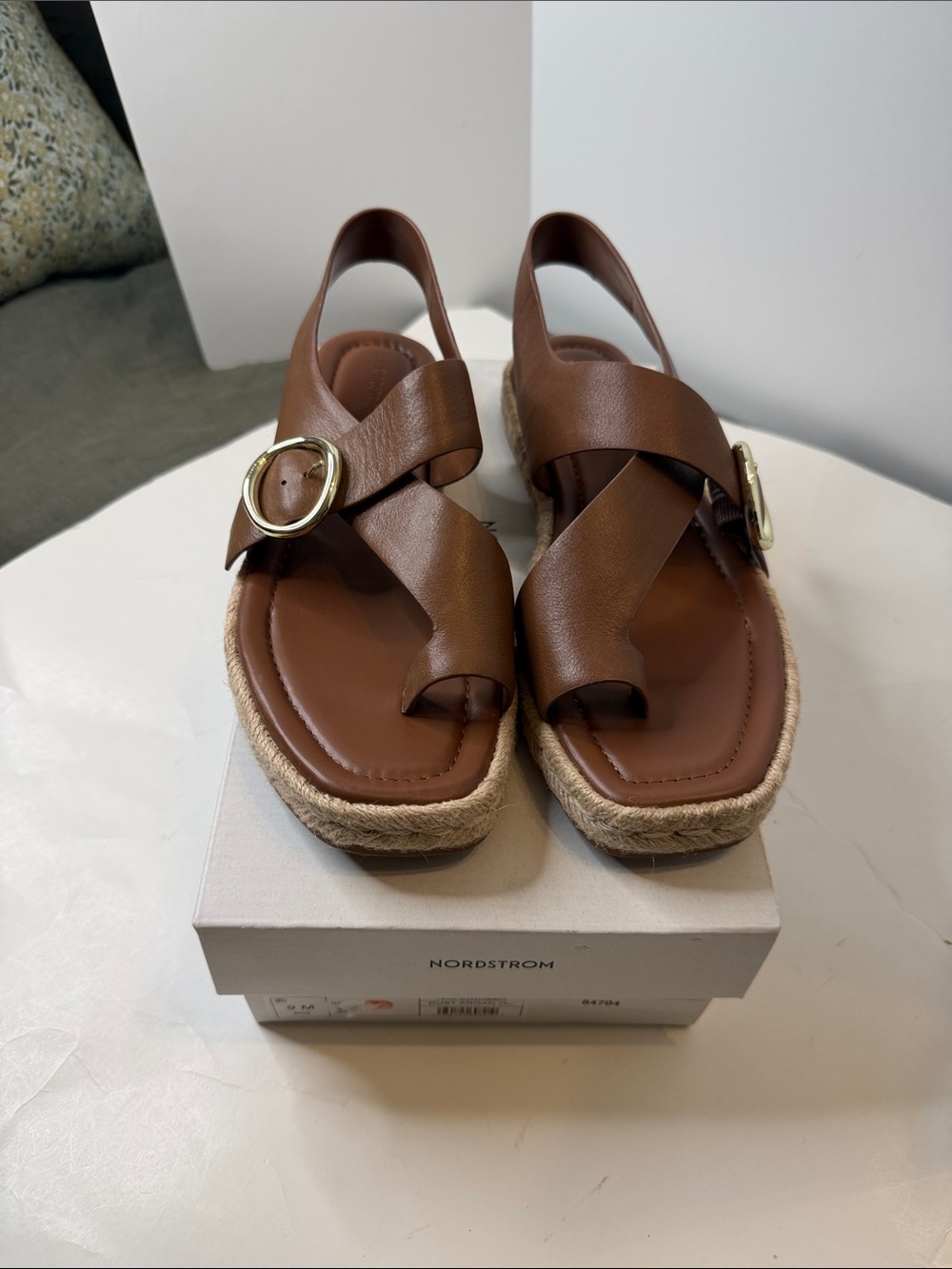 Nordstrom Brown Leather Espadrille Wedge Sandals with Gold Buckle